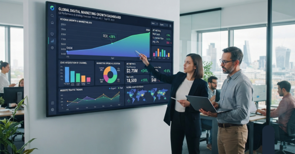 Fotografia de ambiente de escritório moderno e corporativo, com uma equipa de dois estrategas de marketing digital da Khiguee Digital em pé, colaborando e analisando um grande ecrã de monitor que exibe um dashboard detalhado de crescimento de negócios e marketing, com gráficos de barras e circulares, tendências de receita e KPIs de performance. O ecrã apresenta a marca 'KHIQUEE GLOBAL DIGITAL MARKETING STRATEGY' no topo. A estrategista principal, de casaco azul-marinho, aponta para um gráfico de crescimento de ROI positivo de +38% com uma caneta stylus, enquanto o analista, de camisa cinzenta e óculos, segura um portátil. Ao fundo, vê-se a paisagem urbana de Londres através de grandes janelas, com outros colegas de trabalho em mesas de escritório. A imagem transmite professionalismo, análise de dados e trabalho coletivo.