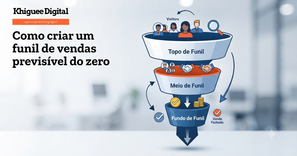 Esquema visual de um funil de vendas previsível para otimização de conversões