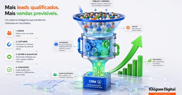 Ilustração 3D de funil de vendas e painel de métricas, destacando estratégias de growth hacking e geração de leads da Khiguee Digital.